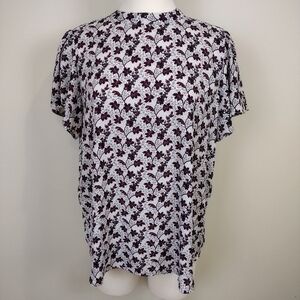 Loft Blouse Top Garden Floral Mock Neck Flutter Sleeves Size L Three Button Back
